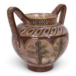 William De Morgan twin handled vase, sgraffito-decorated with turquoise and yellow trees, within a brown boarder, with a repeating floral boarder to the neck, with signed and impressed marks beneath, H21cm