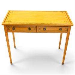 Pair of George III design inlaid satinwood console or side tables, rectangular top with mahogany cross-banding and ebony stringing, fitted with two drawers with brass ring handles, on square tapering supports with brass cups and castors