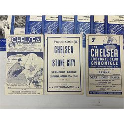 Chelsea F.C. 1940s/50s - twenty programmes for home matches including September 28th 1946 versus Charlton Athletic and October 12th 1946 versus Stoke City (souvenir programme 'entirely the work of ex-Servicemen'); the remainder 1947/48 - 1959/60 (20)