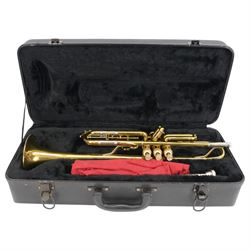 Besson brass trumpet, with three piston valves and finger hook, heavily lacquered finish with mouthpiece, within a velvet lined hard case