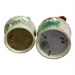 Two Crown Devon musical jugs, one depicting hunting scenes the other Widdicone Fair, together with Doulton of Lambeth of Slaters Patent Jardinière