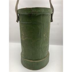 Green painted canvas covered ammunition carrier with Royal Coat of Arms and leather swing handle; probably Naval; H37.5cm not including handle