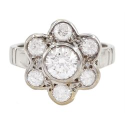 18ct white gold seven stone round brilliant cut diamond daisy flower head cluster ring, hallmarked, principal diamond 0.74 carat, with GIA report, total diamond weight approx 1.40 carat