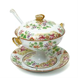 19th century Spode New Stone China dessert service, comprising sauce tureen with cover stand and ladle, large two handled serving dish and smaller example, two others, and seven plates, with chinoiserie decoration, impressed marks to bases 