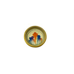 Clarice Cliff Bizarre pin dish, decorated in the Crocus pattern, with printed mark beneath, D9cm