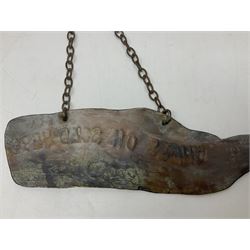 Copper wall hanging sign in the form of a whale, stamped 'whale oil sold here', L28cm
