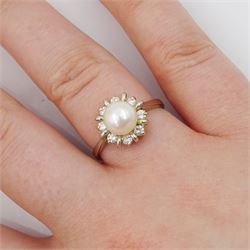 14ct gold cultured pink / white pearl and round brilliant cut diamond cluster ring, stamped, total diamond weight approx 0.40 carat