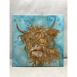 Ann Lamb (British 1955-): 'Highland Cow', mixed media on canvas signed 60cm x 60cm