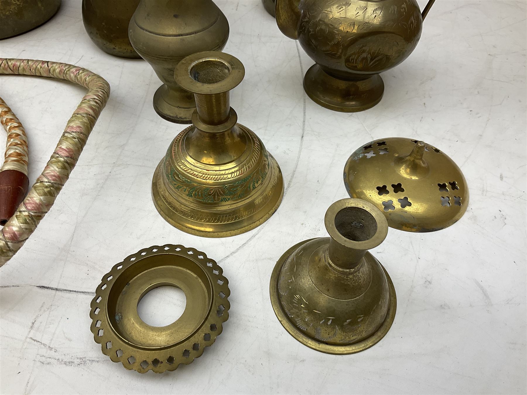 Two brass hookah pipes, and quantity of brass Arabic Dallah coffee pots and other brassware