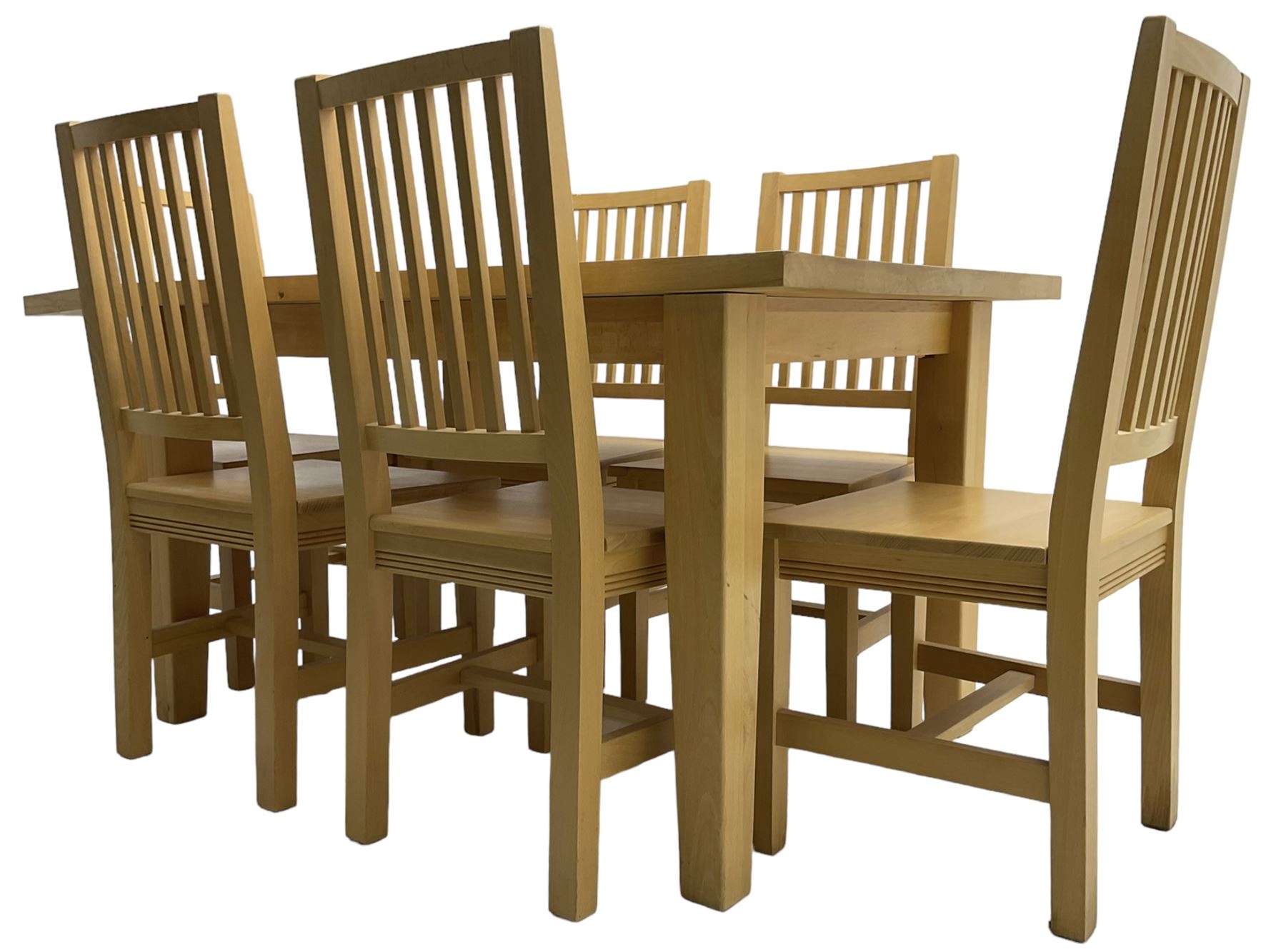 Solid beech rectangular dining table (89cm x 135cm - 160cm, H77cm); together with a set of five beech dining chairs