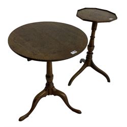 Early 19th century elm and oak tripod table, decagon oak top with raised edge, on turned column with three splayed supports (H74cm); and an early 19th century elm and oak tripod table, circular oak tilt top on turned column with three splayed supports (H70cm) 