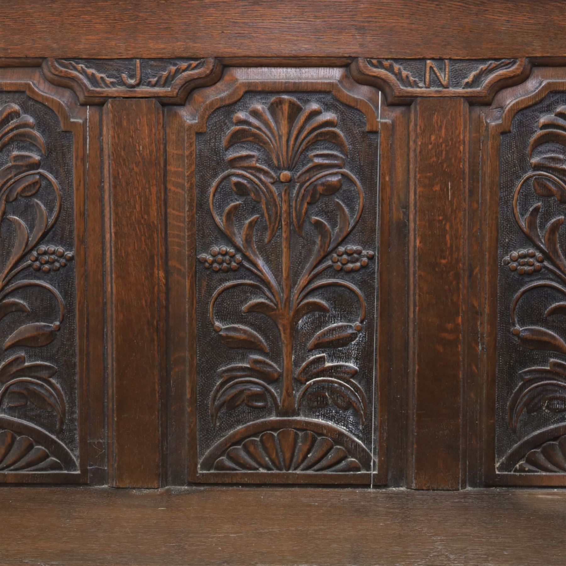 18th century oak hall bench or settle, five foliate carved back panels, dated 1760
