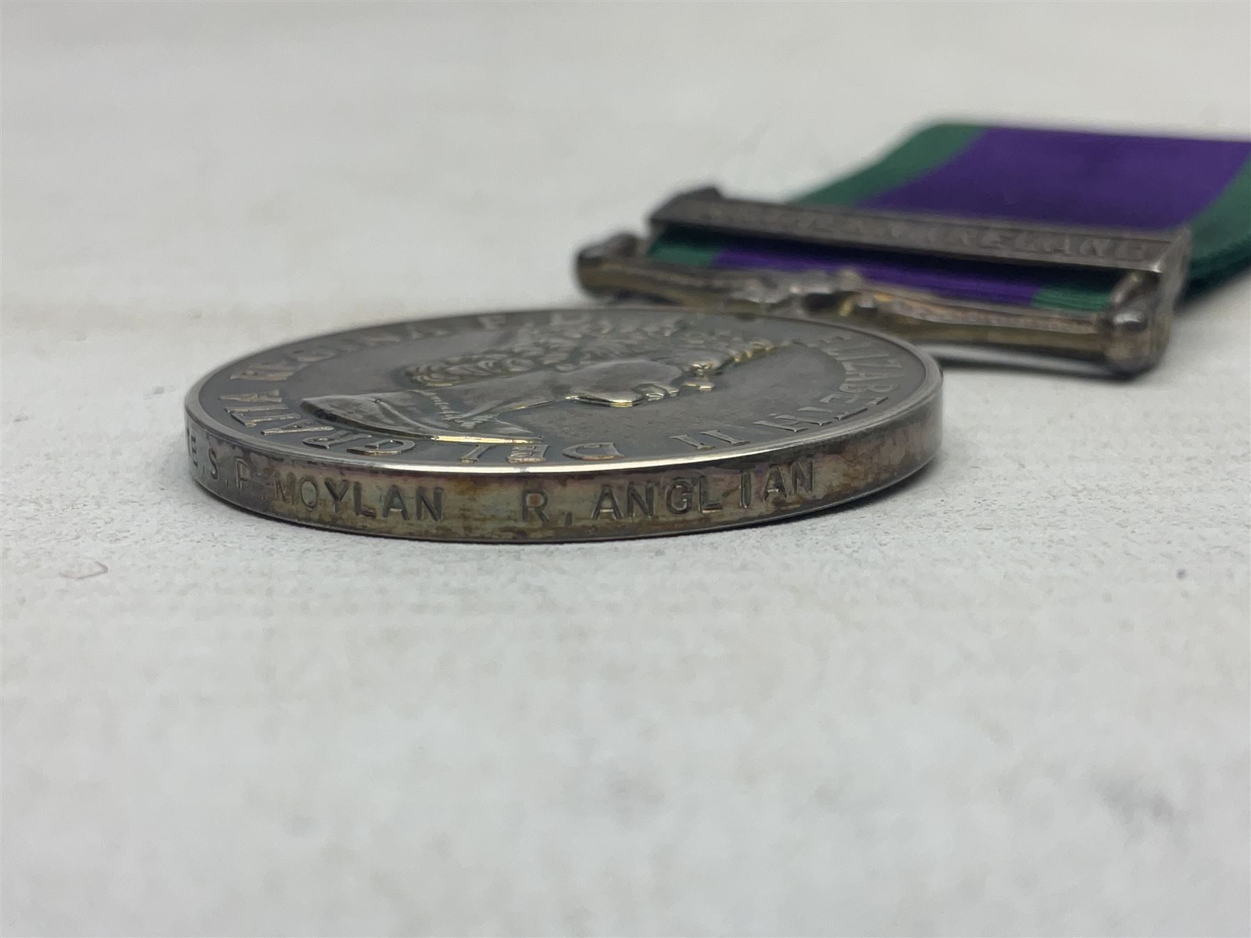 Elizabeth II General Service Medal with Northern Ireland clasp awarded to 24197417 Pte. S.P. Moylan R. Anglian; with ribbon