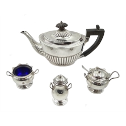 Victorian silver bachelor's teapot, London 1889, silver three piece cruet set, Birmingham 1911 and a hallmarked silver spoon, approx 15oz