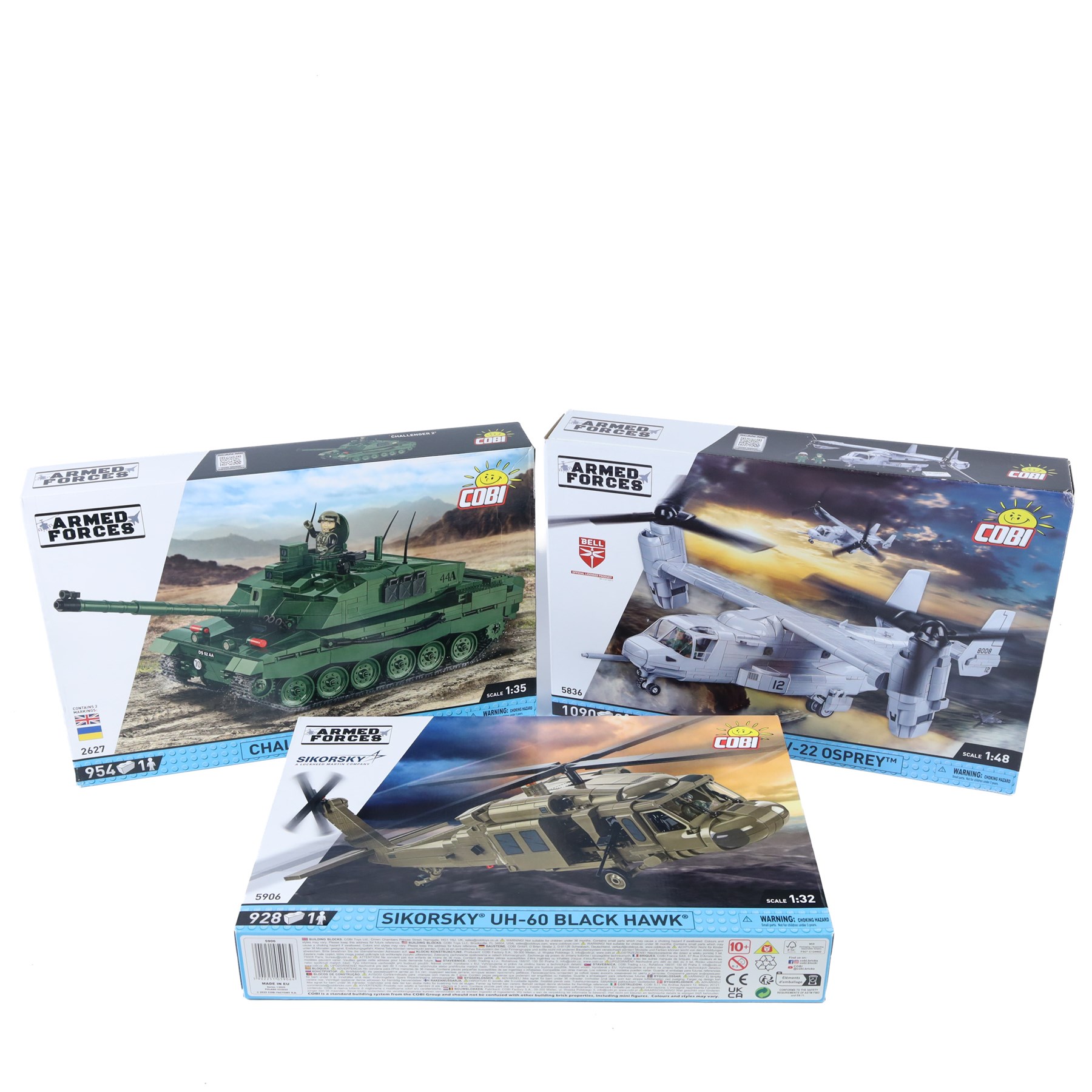 Three Cobi Bricks Armed Forces sets, comprising 1:32 scale no. 5906 Sikorsky UH-60 Black Hawk, 1:35 scale no. 2627 Challenger 2 and 1:48 scale no. 5836 Bell Boeing V-22 Osprey, all in sealed boxes