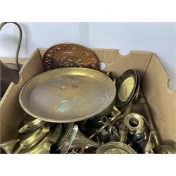 Collection of metalware to include copper jugs, ashtrays, coal bucket in two boxes 