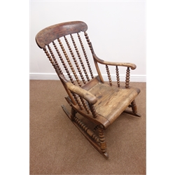 Victorian elm rocking chair, bobbin turned supports and stretchers  
