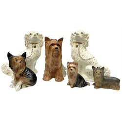 Beswick fireside Yorkshire terrier dog model no 2377 H25.5cm, together with a pair of staffordshire style white spaniels H30cm, two Mella ware terriers etc.  