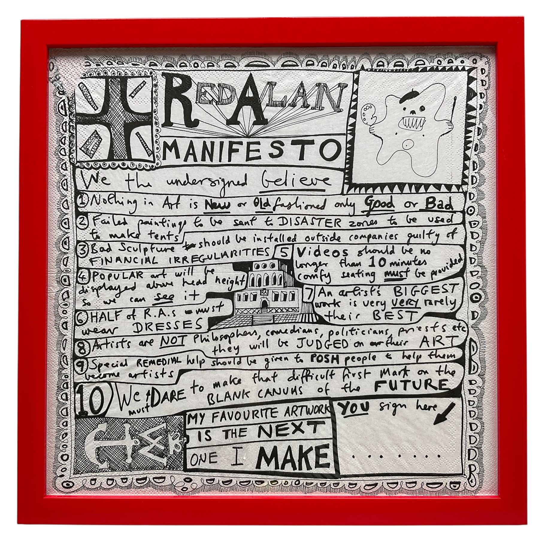 Sir Grayson Perry RA (British 1960-): 'Red Alan Manifesto', digital print on a paper napkin, 32cm x 32cm 