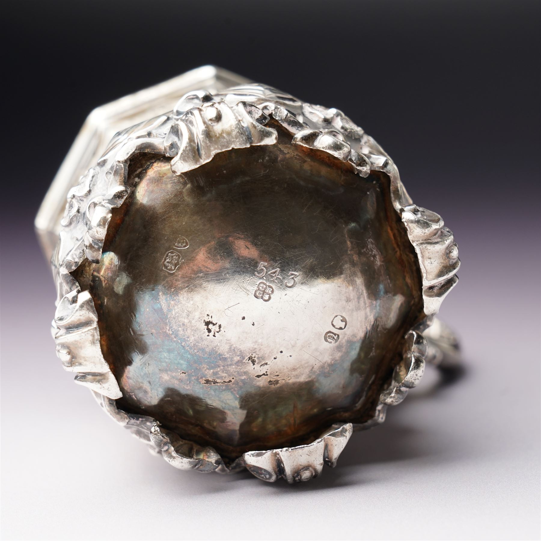 Victorian silver christening mug of panel sided design with gilded interior, engraved decoration and scroll handle and feet H10cm London 1848 Maker Charles Reily & George Storer