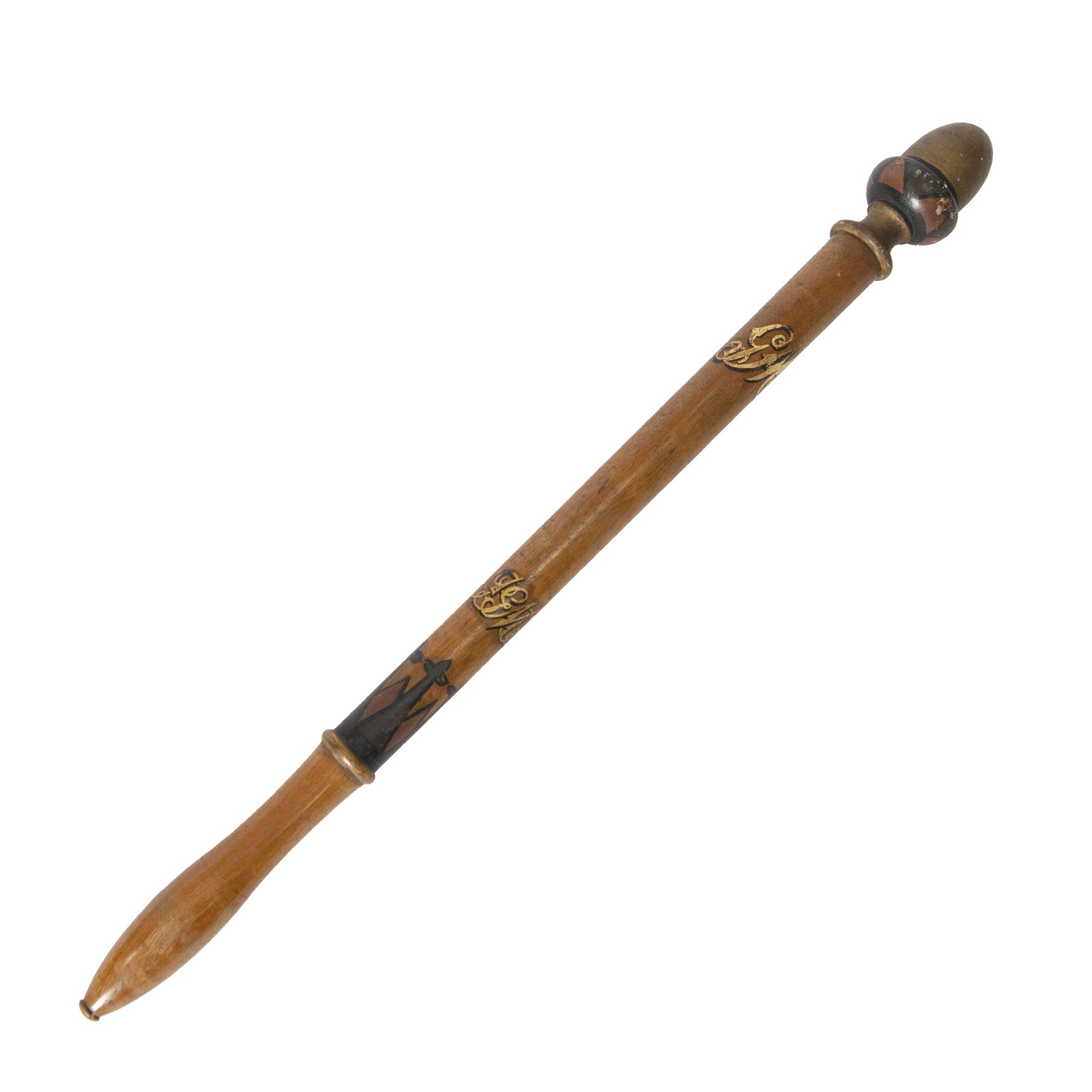 Turned wooden tipstaff, with hand painted decoration and acorn shaped finial, L57cm
