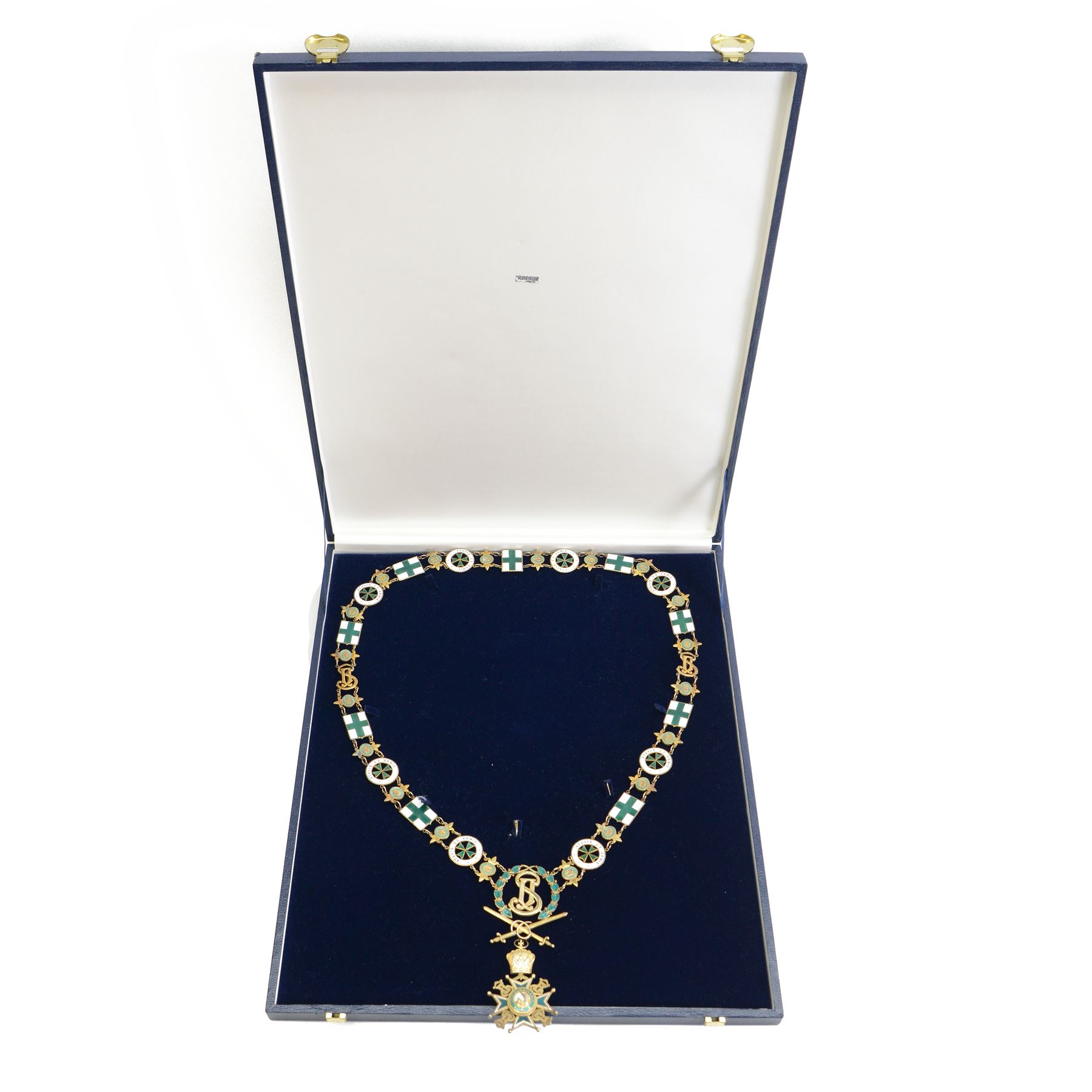 Military and Hospitaller Order of St. Lazarus of Jerusalem, Knight of Grace silver gilt and enamel chain of order, the chain made up of silver enamelled flags, disks and panels, with a green and white enamelled insignia of the order suspended below, in case 