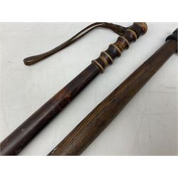 Victorian painted turned wood police truncheon by Field, dated 1851 painted in polychrome with the arms of Blackburn, including crest flanked by the date 18/51 and circumscribed BLACKBURN BOROUGH POLICE, stamped 'FIELD 233 HOLBORN'. L40.5cm. Auctioneer's Note: The borough of Blackburn received its Charter of Incorporation on 28 August 1851; together with two other unmarked turned wooden truncheons (3)