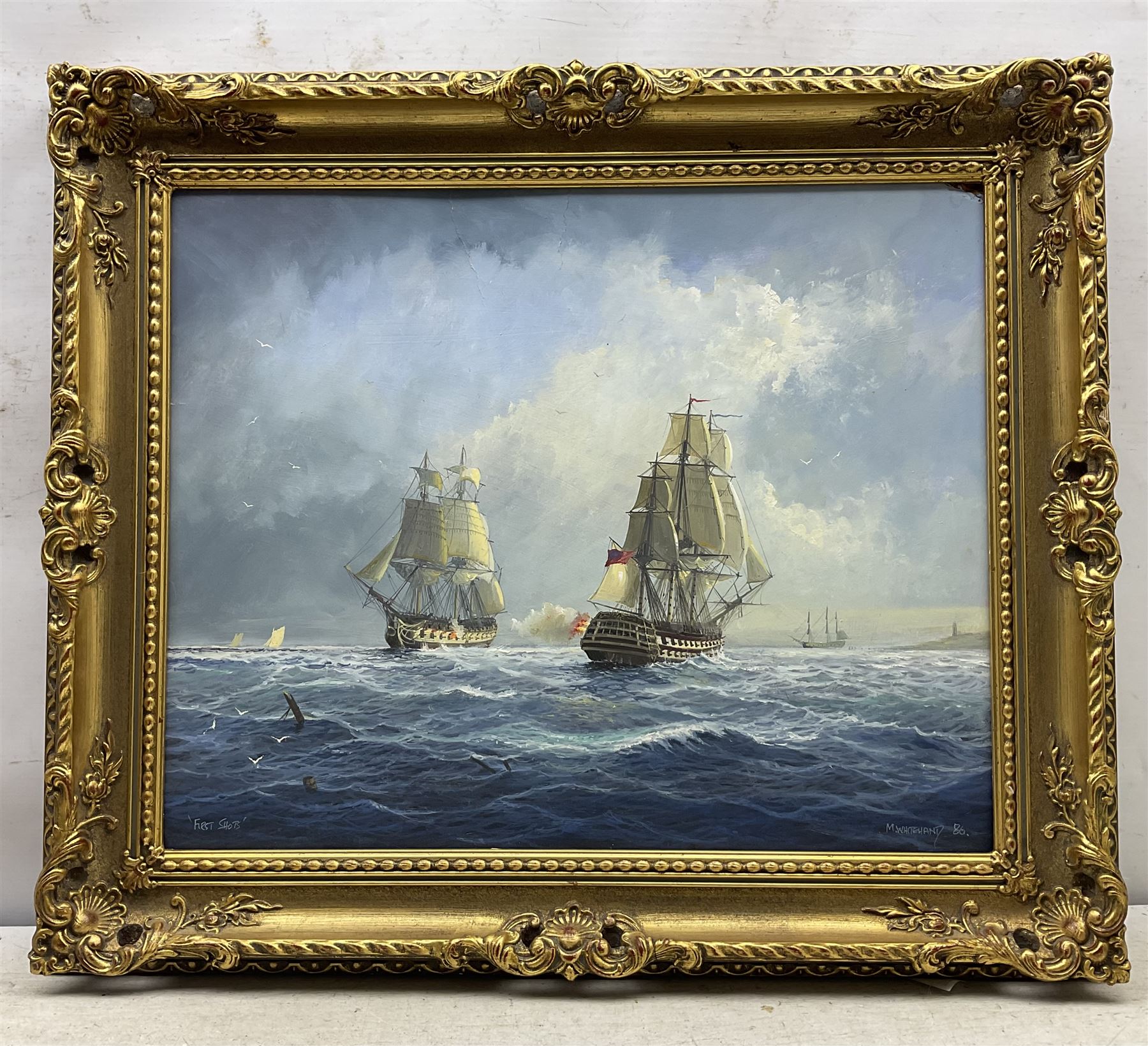 Michael J Whitehand (British 1941-): 'First Shots', oil on board signed titled and dated '86, 45cm x 55cm