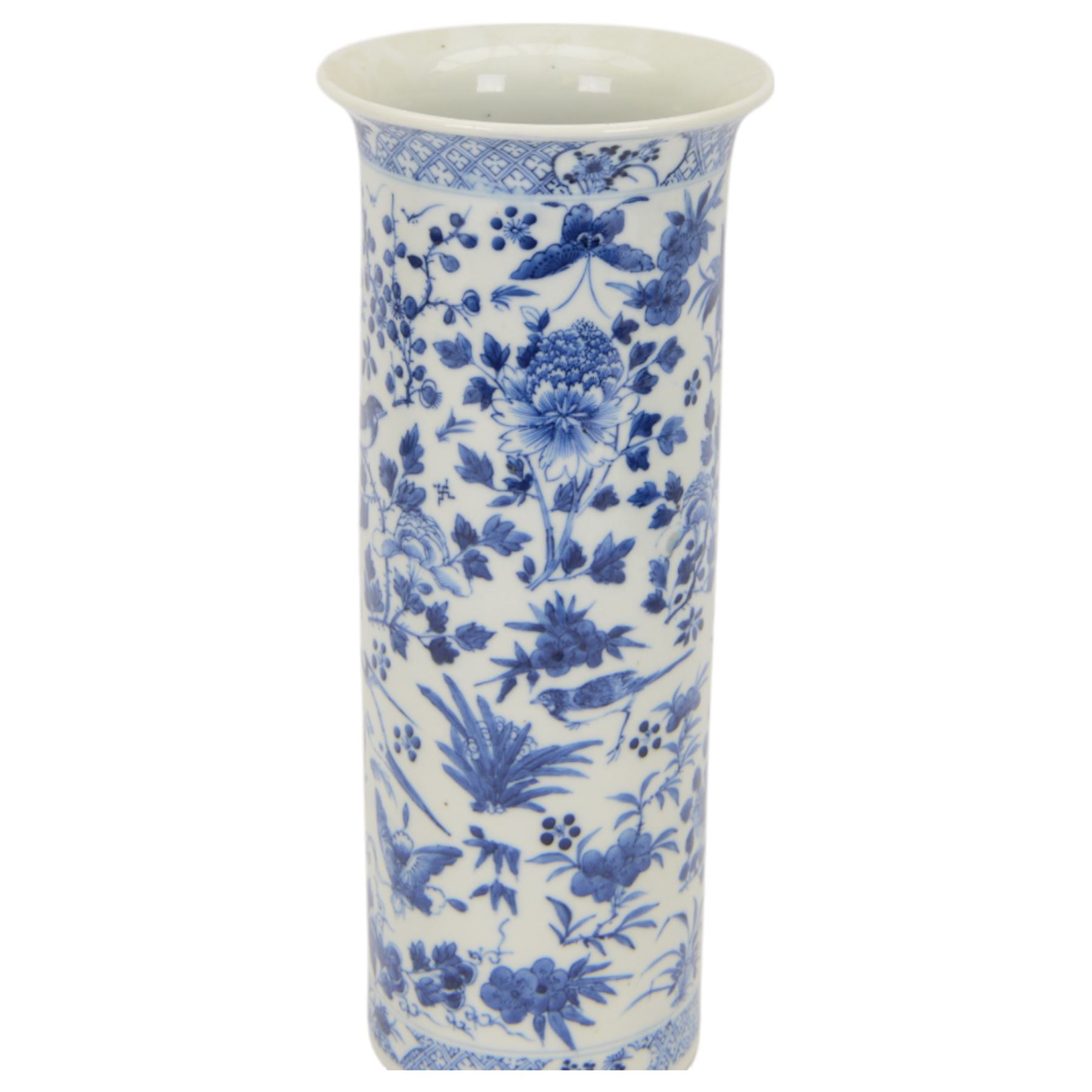 19th century Chinese blue and white sleeve vase, of cylindrical form with slightly flared neck, painted with birds and insects amidst blossoming flowers and foliage, the base and rim with trellis border interspersed with floral reserves, with four character Kangxi mark beneath, H35cm