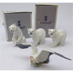  Lladro Crane no. 1600 & three Lladro Polar Bears, two with original boxes (4)  