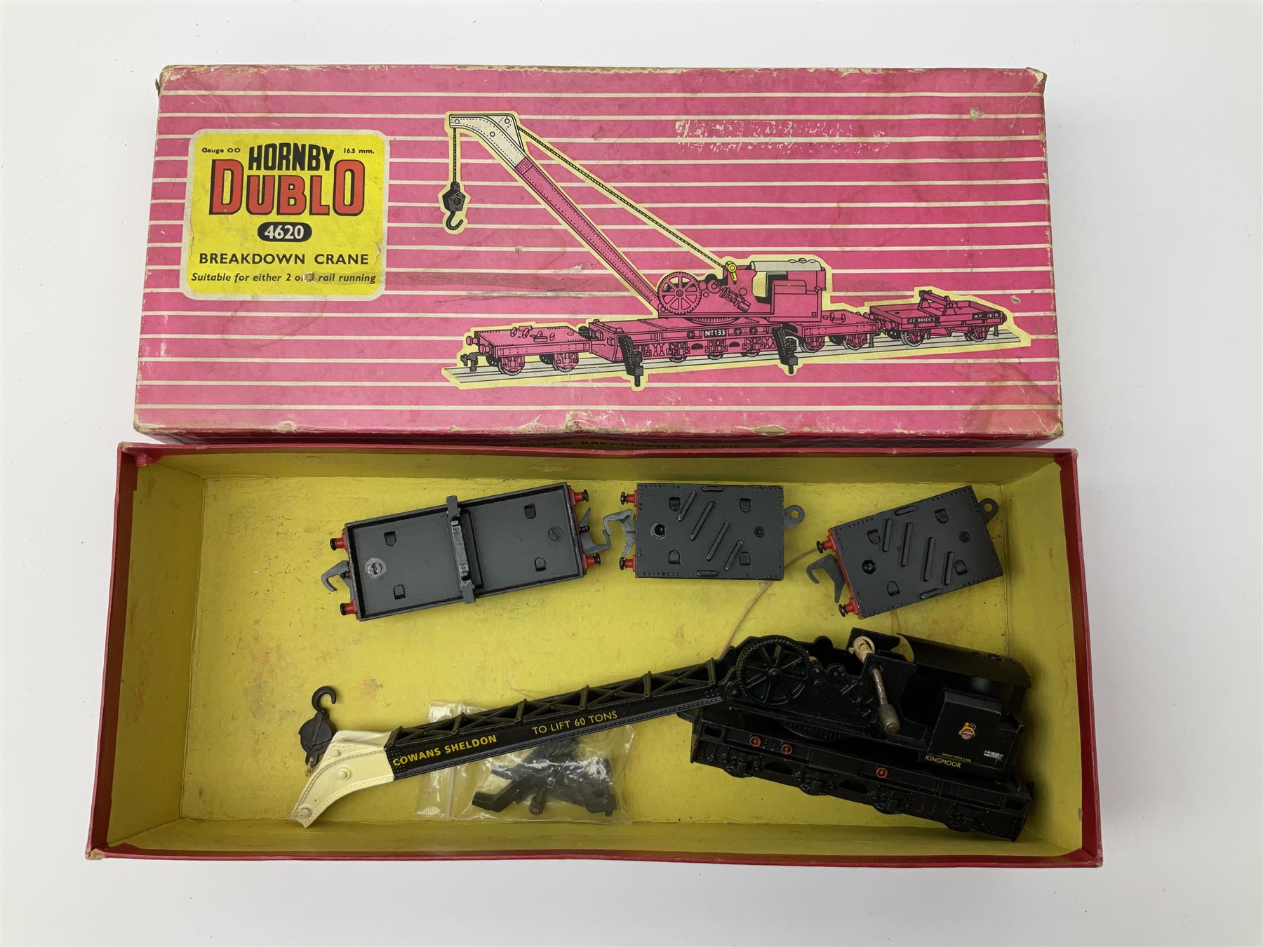 Hornby Dublo - Breakdown Crane No.4062 with Cowans Sheldon livery, boxed with screw jacks; D1 Girder Bridge, boxed; and T.P.O. Mail Van Set, boxed with instructions, mail bags, switch and tested tag (3)