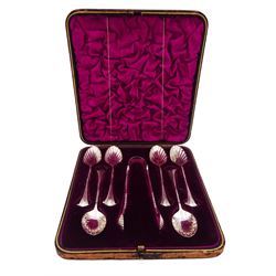Set of six Victorian silver Onslow pattern teaspoons and matching sugar tongs, hallmarked James Dixon & Sons Ltd, Sheffield 1891, in fitted case with cerise velvet and silk lined interior, approximate silver weight 3.74 ozt (116.5 grams)