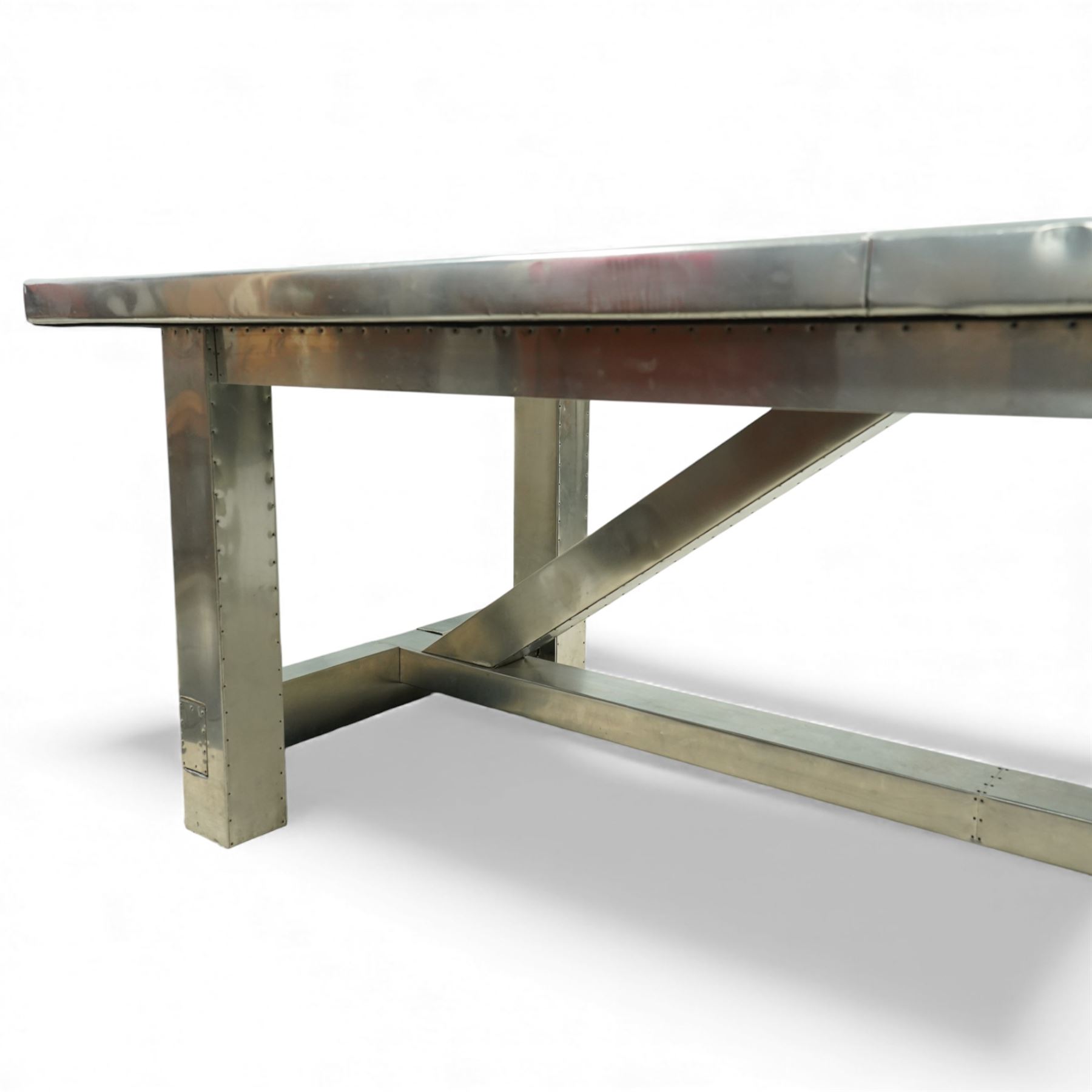 Timothy Oulton - Boston Aero aluminium dining table, rectangular riveted aluminium clad top on matching angular supports with stretchered base