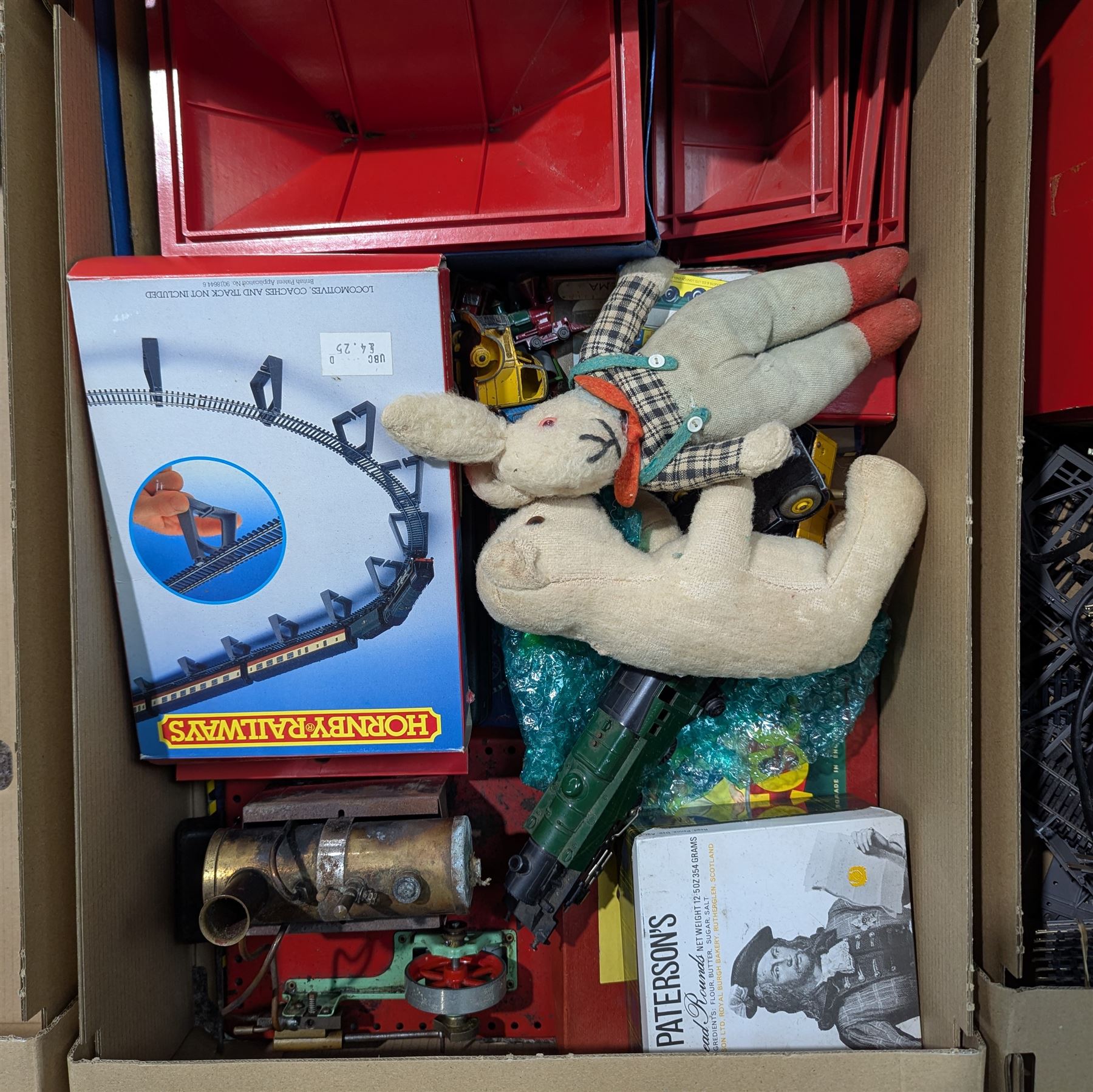 Quantity of OO gauge model railway, Meccano and other items and a pine toy box