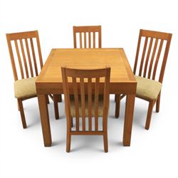 Contemporary square light oak extending dining table, and set of four chairs, table extends to 180cm