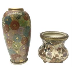 Two Japanese Meiji period vases, the tallest example of slender ovoid form decorated in a 'thousand flowers' type design, H15cm, the smaller of waisted bellied form upon tripod feet, decorated with figural panels, H8.5cm, each with character marks beneath 