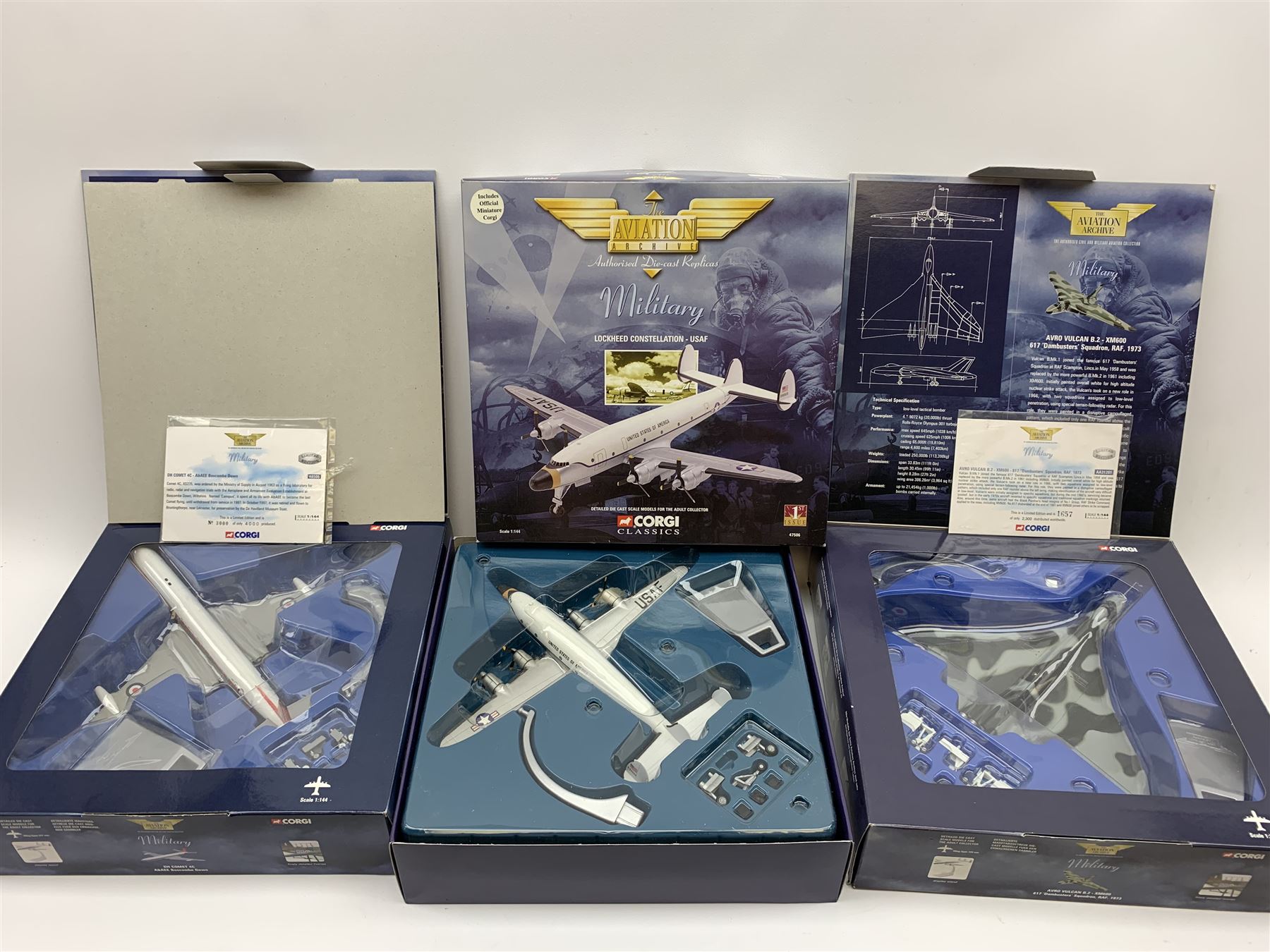 Five Corgi Aviation Archive 1/144th scale aircraft - 47301 Battle of Britain Avro Lancaster, limited edition AA31201 Military Avro Vulcan No.1657/2300 with certificate, limited edition 48505 Military DH Comet 4C No.3000/4000, 47506 Military Lockheed Constellation and 48101 Classic Propliners Boeing Stratocruiser Panm Am; all boxed