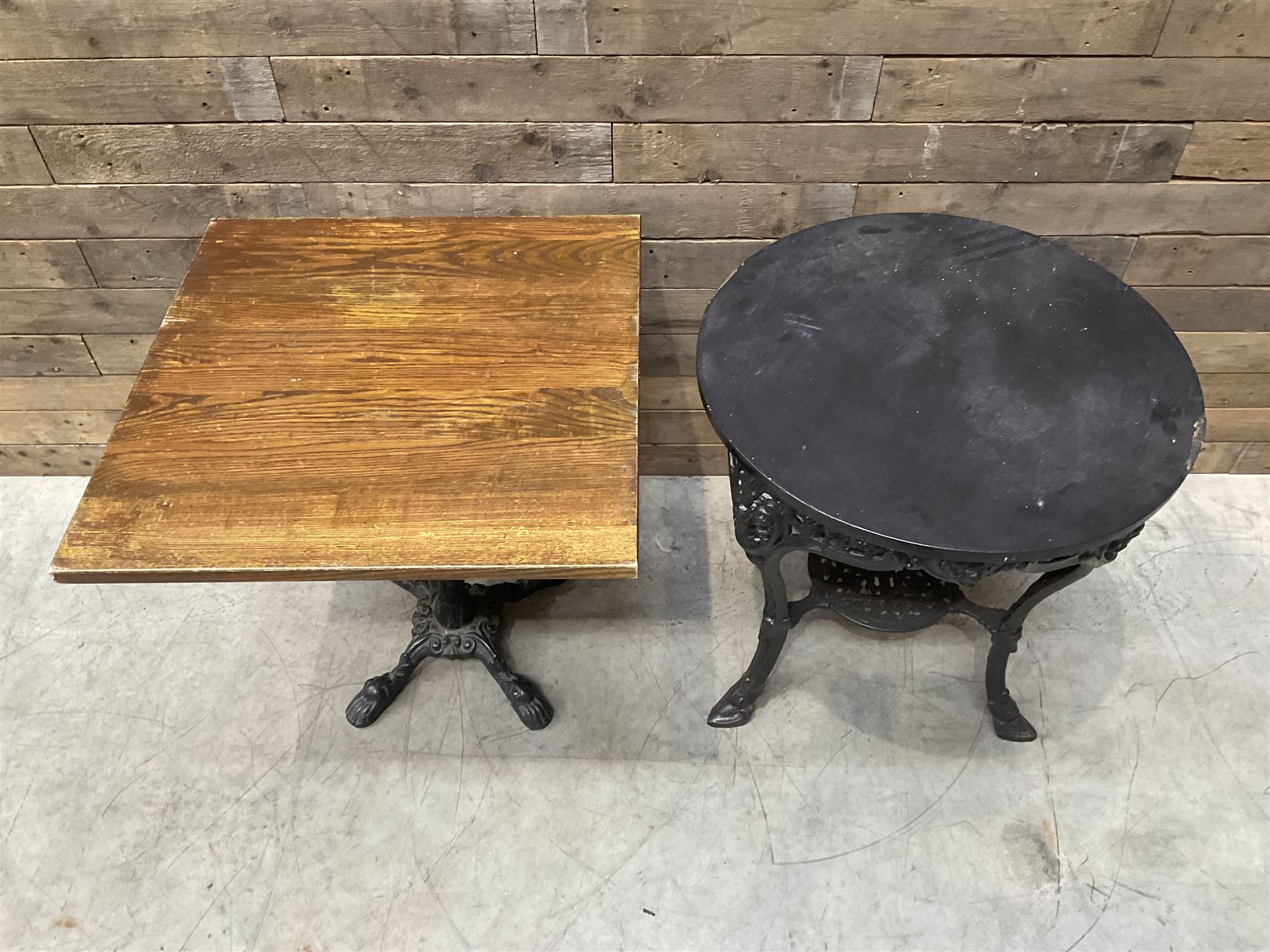 19th century cast iron Coalbrookdale design table with circular top (D66cm, H74cm) and a cast iron pedestal table with square top (W69cm, D70cm, H72cm)