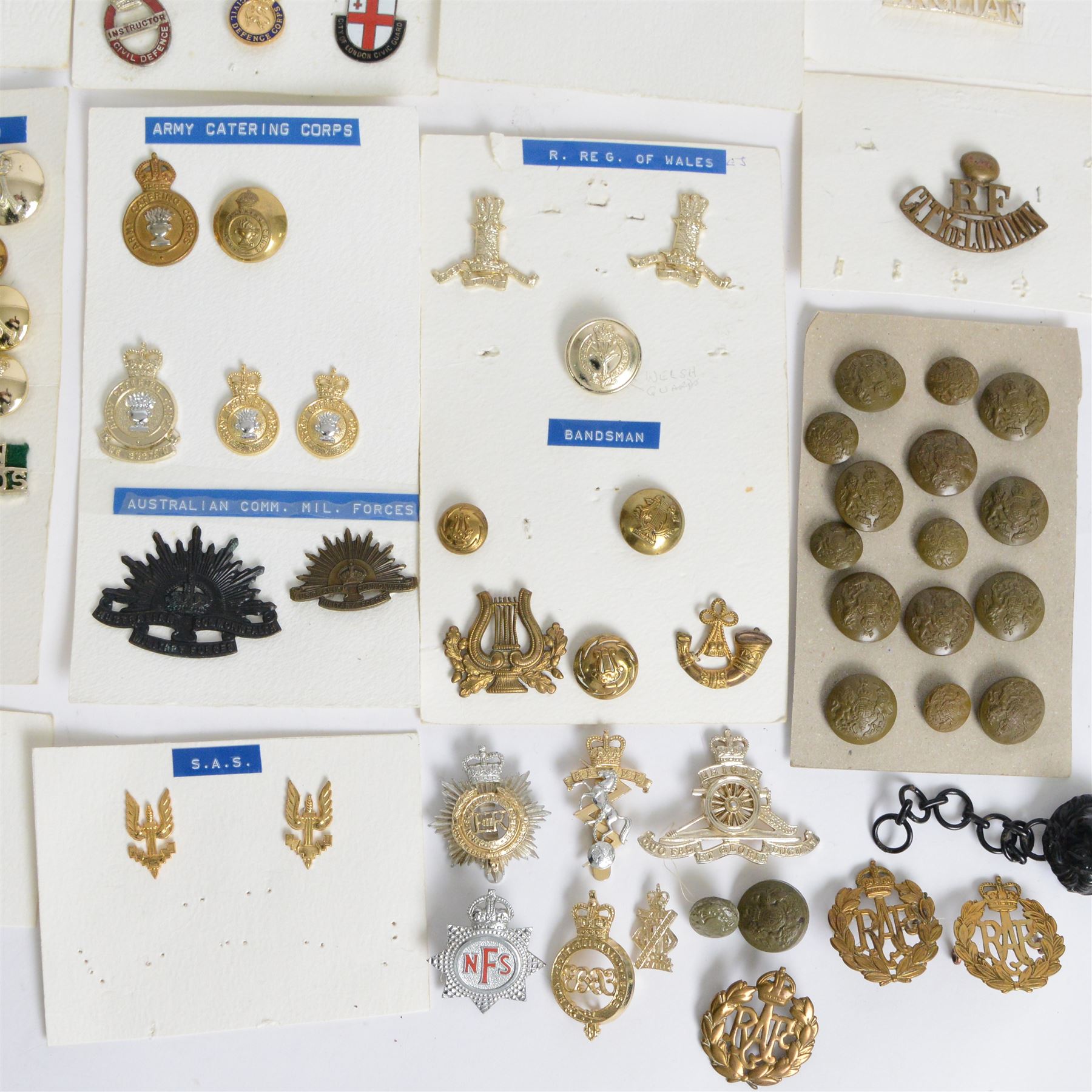 Collection of military cap badges, buttons and similar, including examples for Royal Army Medical Corps, Royal Army Pay Corps, Royal Engineers etc 