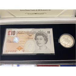 The Royal Mint United Kingdom 'Millennium' silver proof two coin set comprising 1999 and 2000 five pound coins, 2000 'The Queen Mother Centenary Year' silver proof crown, 2001silver proof one pound, 'Her Majesty The Queen Golden Jubilee 1952-2002' silver proof 2002 five pound coin and ten pound banknote set, all being cased with certificates, United Kingdom 1999 brilliant uncirculated coin collection in card folder, other commemorative coinage etc