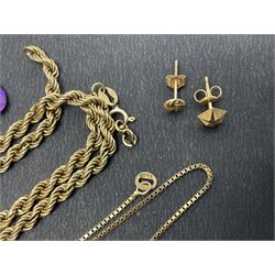 9ct gold amethyst ring, single gold stud earrings, coin ring, cross pendant, two gold chain necklaces and a collection of silver jewellery including pair of earrings, pendant, bangle rings etc