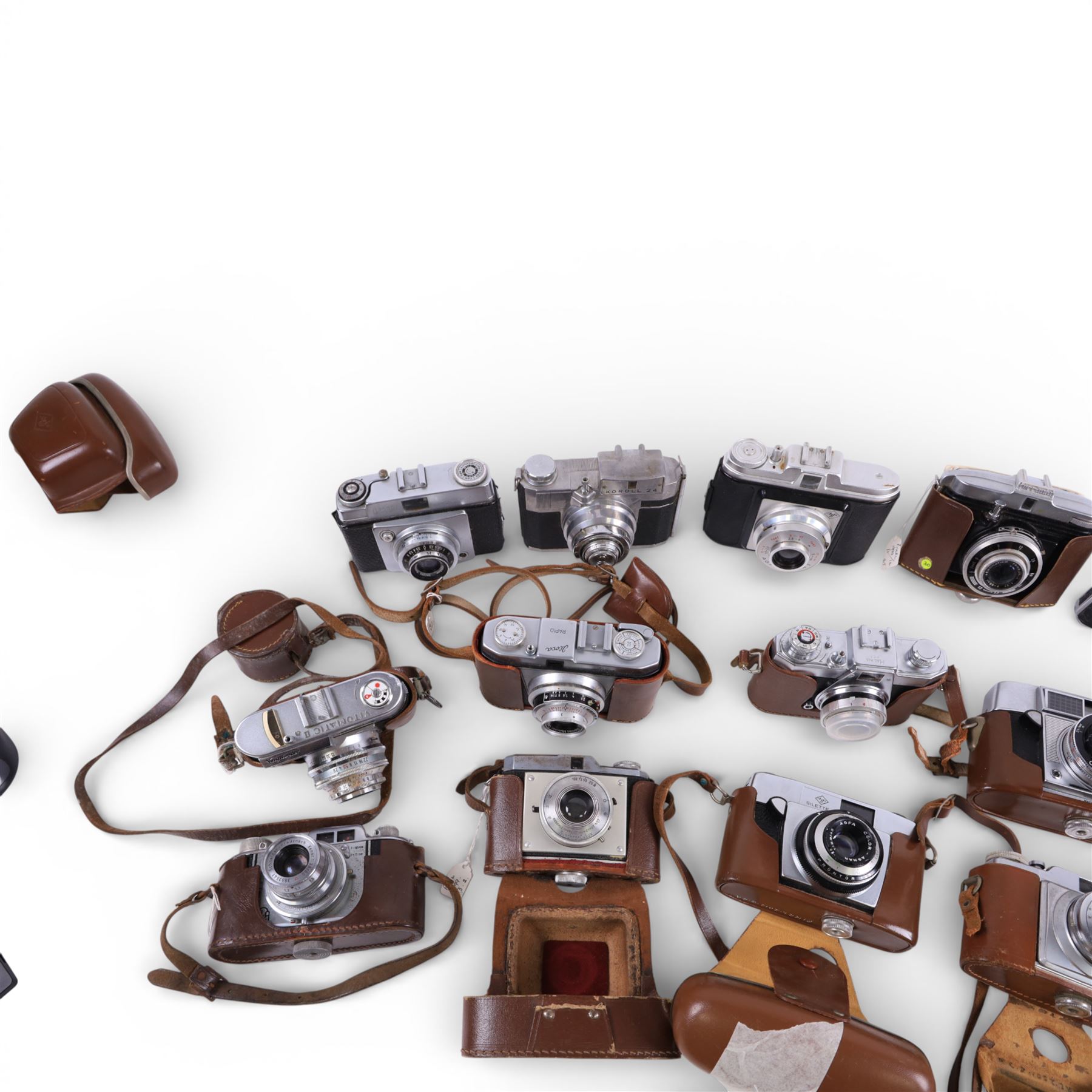 Collection of rangefinder cameras, including Aka Rette, Agfa Silette, Iloca Rapid, Koroll 24, Ilford Sportsman, Exa 500, Luxette, Frankarette, Agfa Optima I, Halina Pet,  Voigtlander Vitomatic II