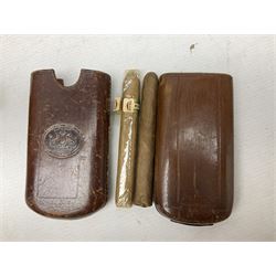 Victorian leather cigar protector with metal match striking plate on the end, and quantity of boxed cigars, comprising Willem II Churchill cigar, Willem II double dutch, Quintero Y Hno Habana cigars and Romeo Y Julieta, habana