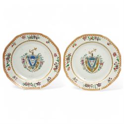 Chinese export Armorial part service decorated with sprays of flowers and a crest of an arm holding an anchor comprising bowl D23cm, pair of octagonal plates 16cm and sparrow beak jug H12cm (4)