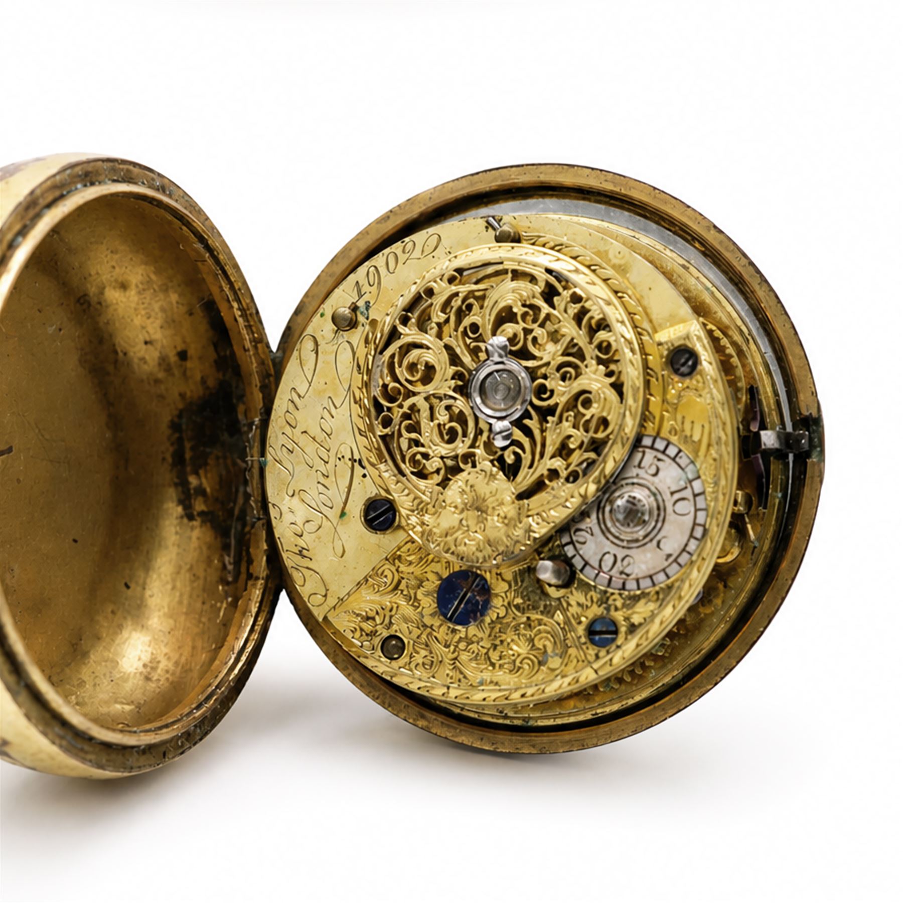 George III gilt pair cased verge fusee pocket watch by Thomas Lyon, London, No. 1902, engraved balance cock decorated with a mask, white enamel dial with Roman numerals and bull's eye glass