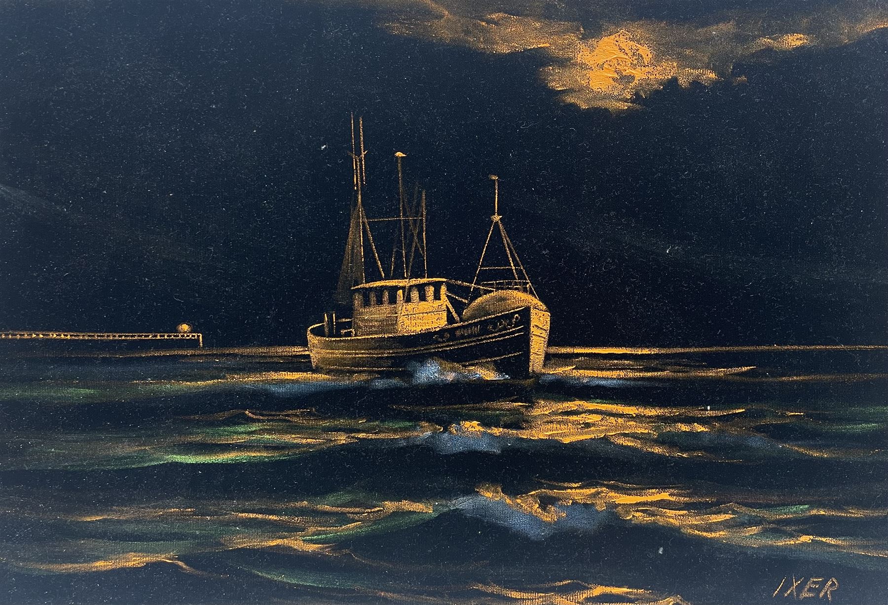 Robert Ixer (British 1941-): Coming out of Whitby Harbour, oil on fabric signed 42cm x 60cm 