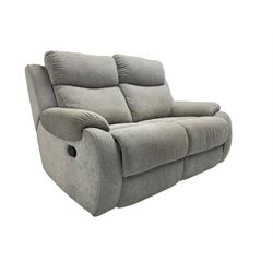 Pair of two-seat manual reclining sofas, upholstered in grey fabric with scatter cushions