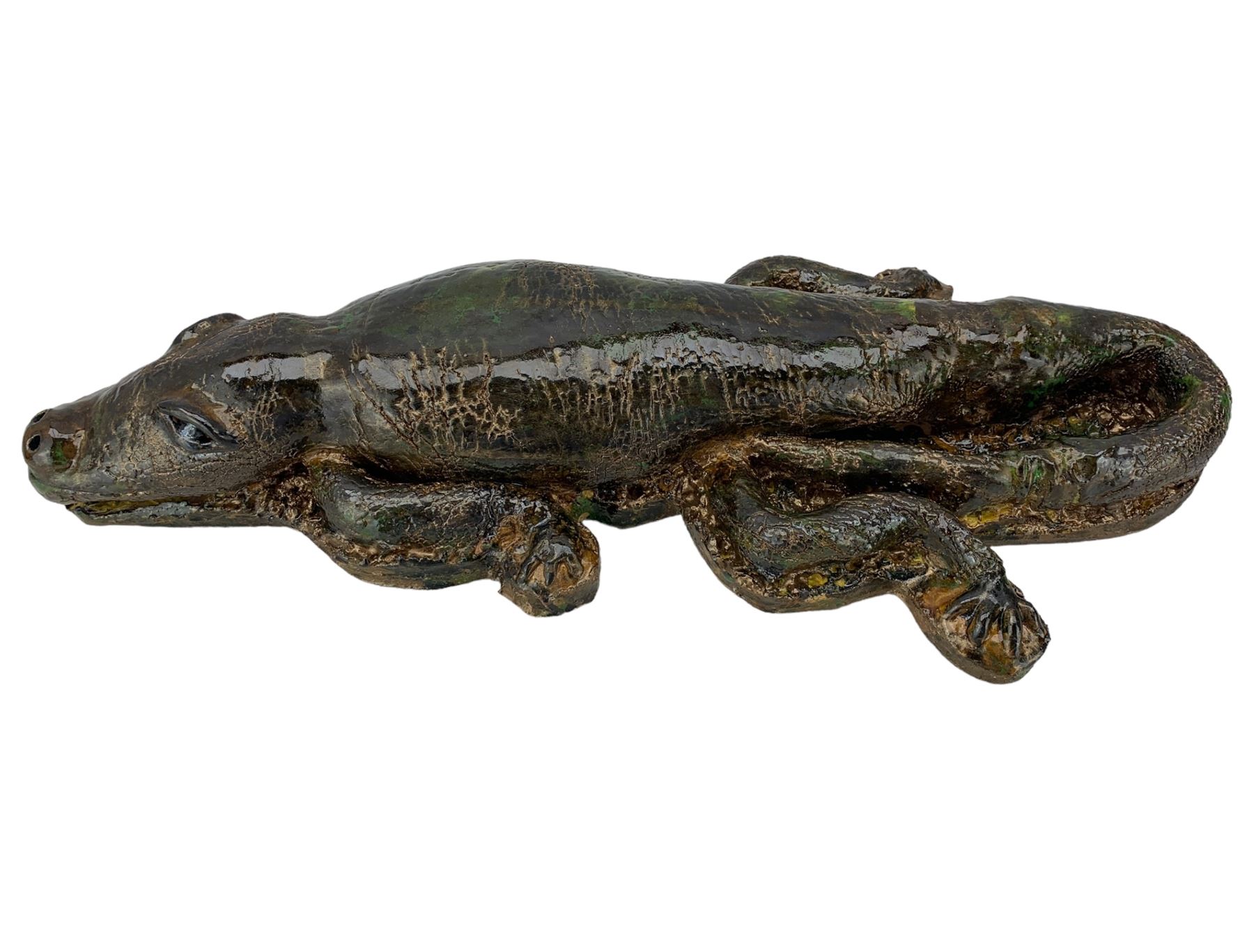 Galea Belinscaia (Yorkshire, Contemporary): Stoneware model of a baby alligator, with textured glaze finish, L56cm 