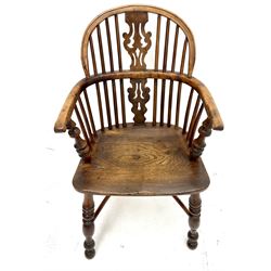 19th century yew and elm low back Windsor chair, scrolling arms, turn supports joined by crinoline stretcher