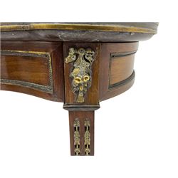 Late 20th century French mahogany side table, kidney shape form, variegated marble top with gallery over drawer and undertier, square fluted supports terminating to curved cabriole feet, gilt metal mounts including fruit garlands, bell flower and foliage decoration, and acanthus leaf and paw feet